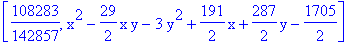 [108283/142857, x^2-29/2*x*y-3*y^2+191/2*x+287/2*y-1705/2]